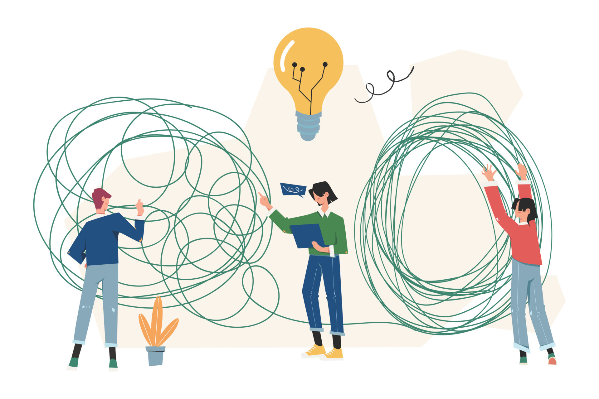 erste hilfe Tangled, brainstorming, beginning and end to thought, abstract metaphor, concept of solving business problems